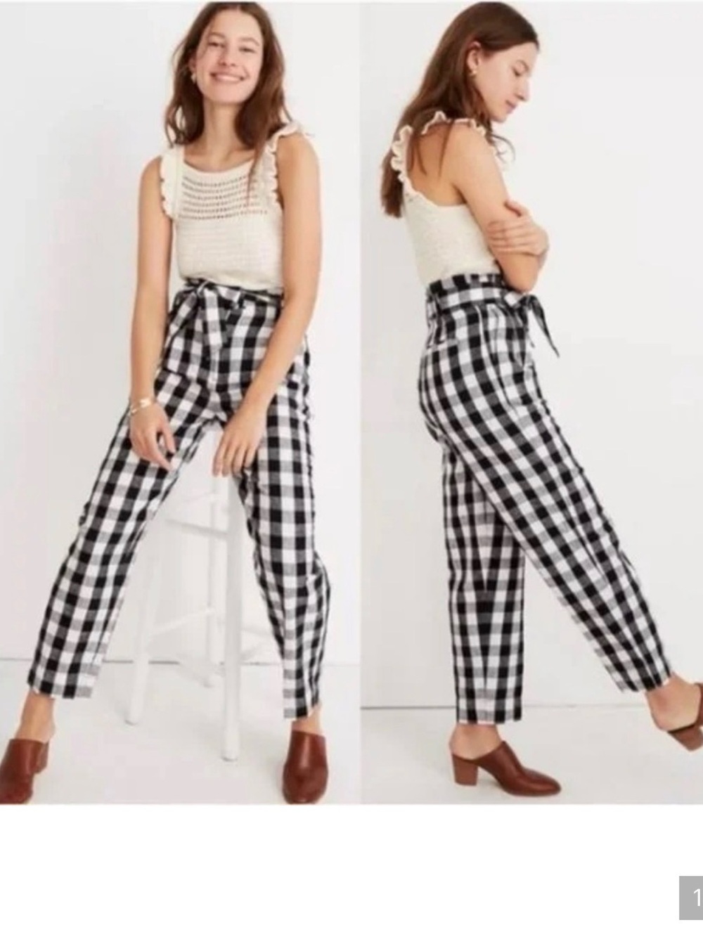 Madewell Black & White Gingham Paperbag Waist Trousers